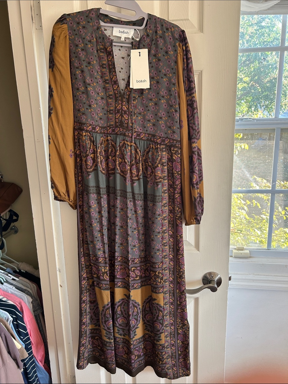 ba&sh Paisley Print Maxi Dress in Mustard and Dusty Purple
